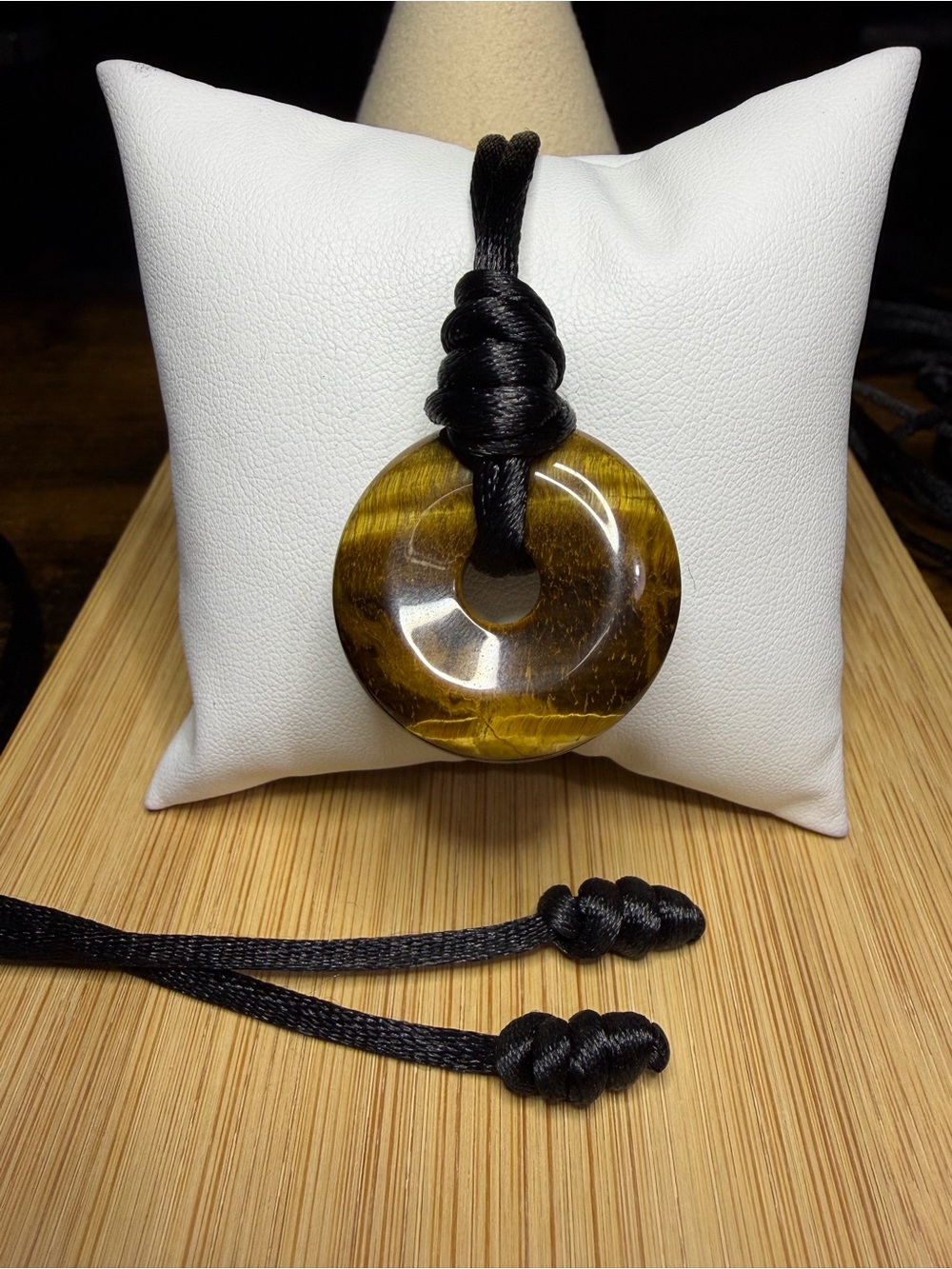 Natural Tiger’s Eye Donut Pendant 24” Adjustable Necklace